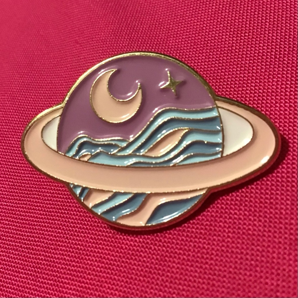 Saturn with Crescent Moon Enamel Pin